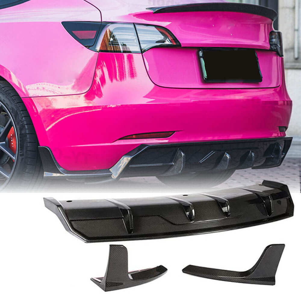 Fits for Tesla Model 3 Sedan Carbon Fiber Rear Bumper Diffuser with Splitters